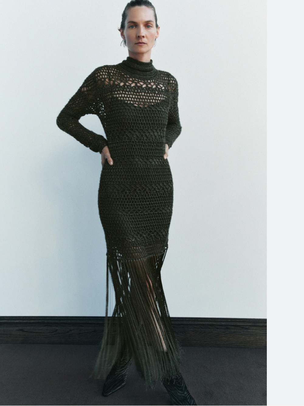 New with tags! Zara Crochet Knit Fringe Maxi Dress in Dark Olive
